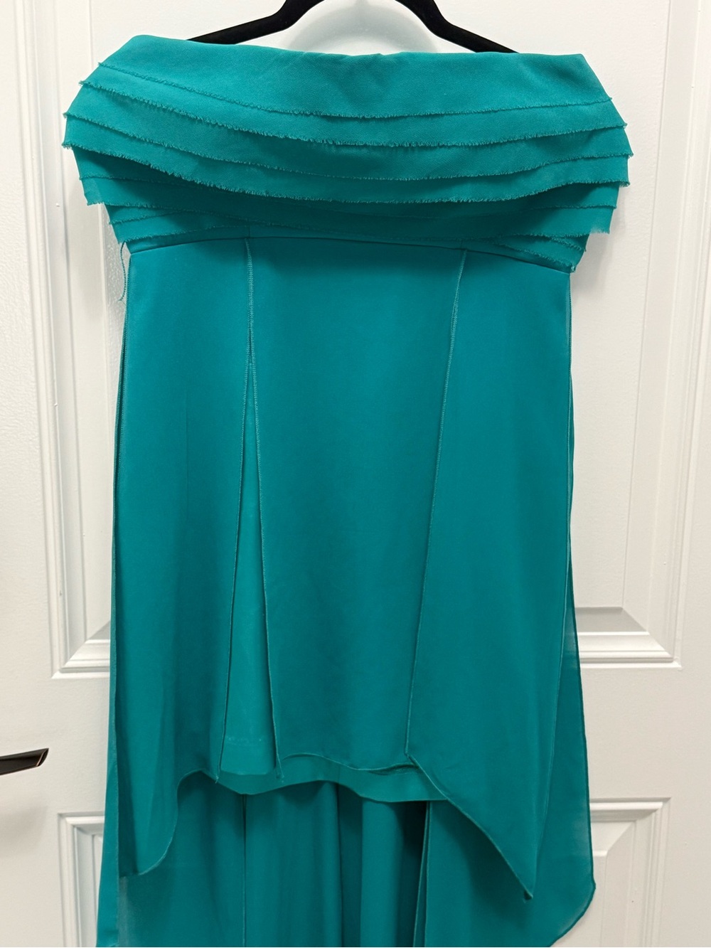 Teeze Me Teal Off-Shoulder High-Low Evening Dress used.